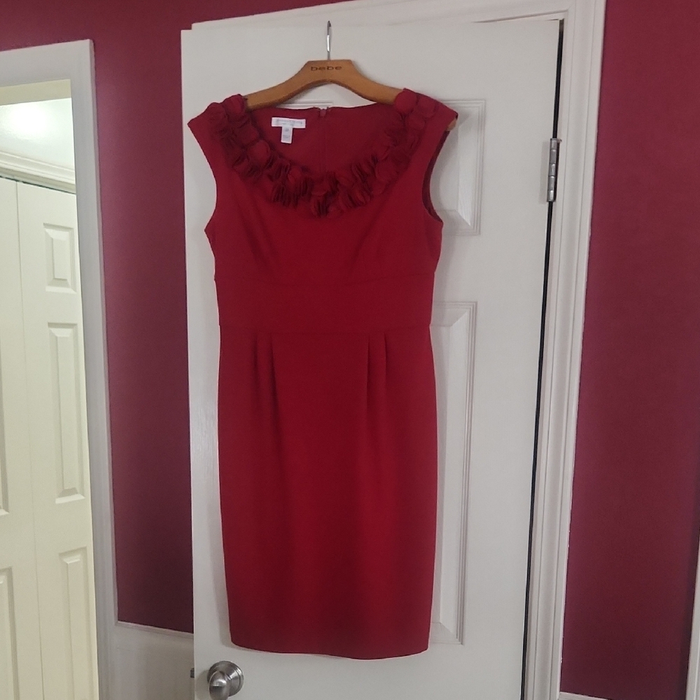 London Times Red Sleeveless Sheath Dress with Ruffle Neckline